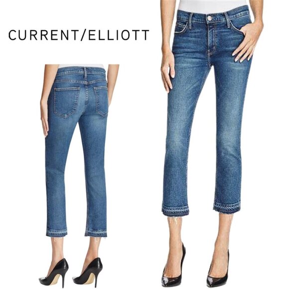 Current/Elliott, Cropped Raw Hem Straight Jeans, Vertigo, Blue - Picture 1 of 6